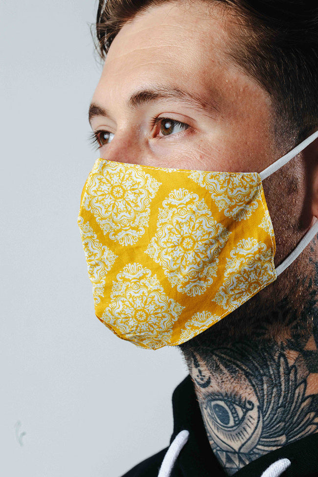 HYPE ADULT YELLOW DAMASK PATTERN ADJUSTABLE FACE MASK