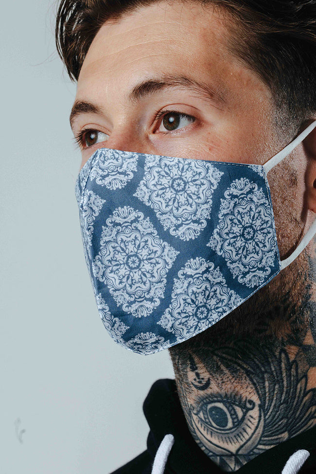 HYPE ADULT BLUE DAMASK PATTERN ADJUSTABLE FACE MASK