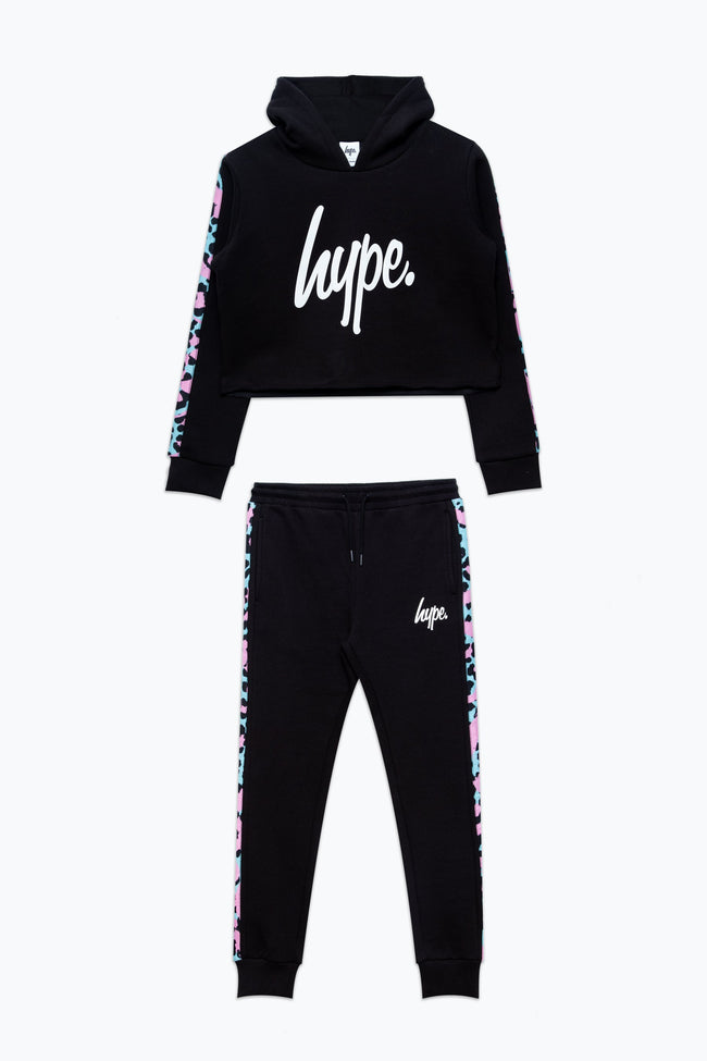 HYPE BLACK AND MULTI LEOPARD PANEL KIDS TRACKSUIT SET