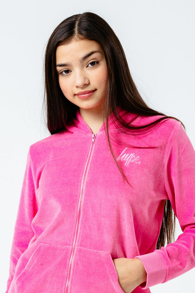 HYPE PINK VELOUR MINI SCRIPT ZIP THROUGH KIDS TRACKSUIT SET