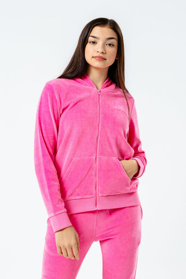 HYPE PINK VELOUR MINI SCRIPT ZIP THROUGH KIDS TRACKSUIT SET