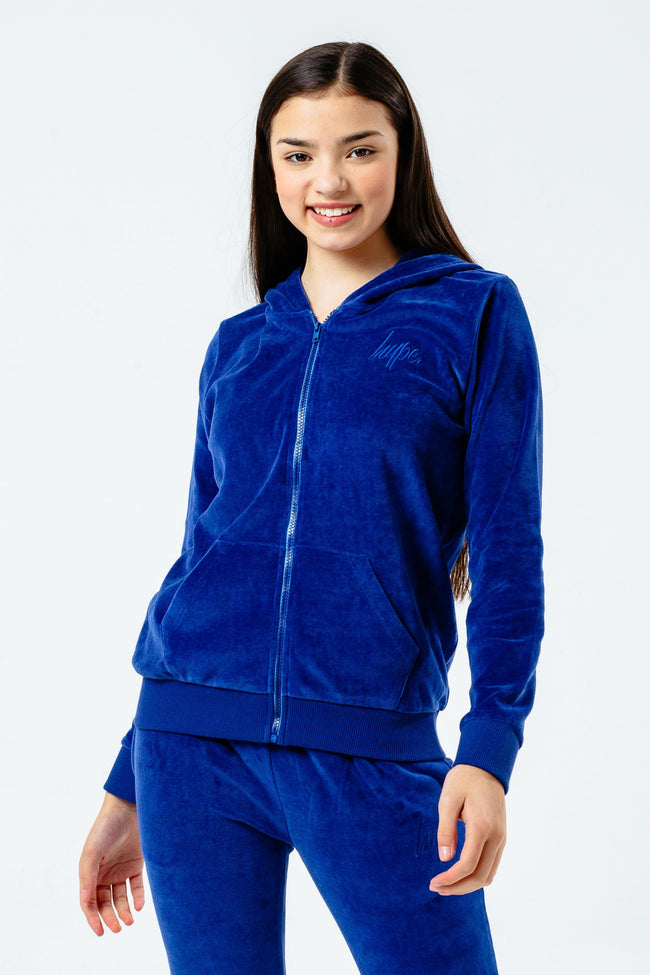 HYPE NAVY VELOUR MINI SCRIPT ZIP THROUGH GIRLS TRACKSUIT SET