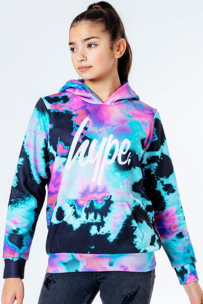 HYPE PINK & TEAL TIE DYE KIDS PULLOVER HOODIE