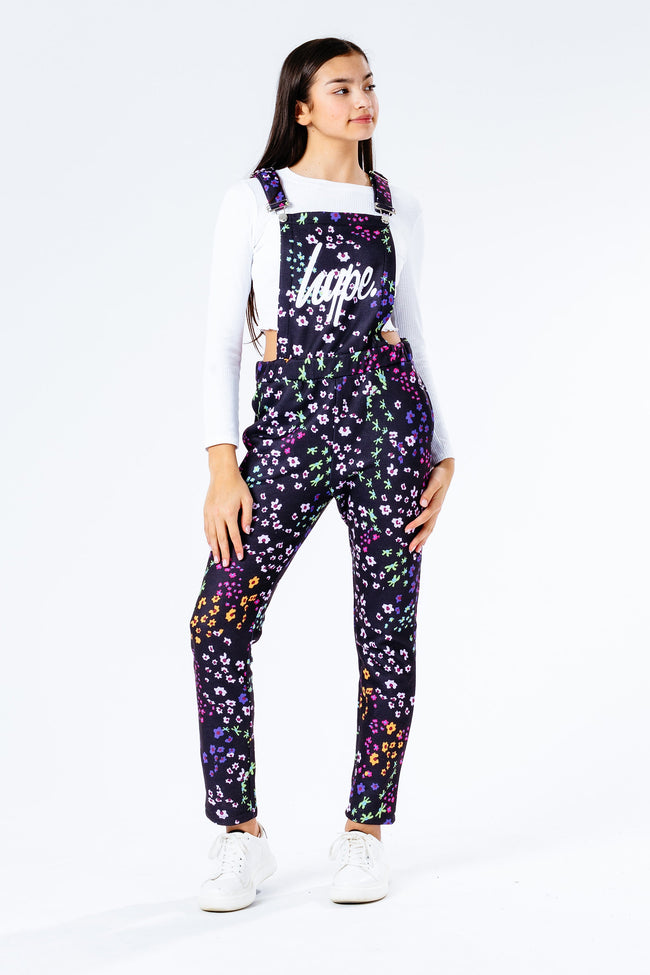 HYPE BLACK FLORAL DITSY GIRLS DUNGAREES