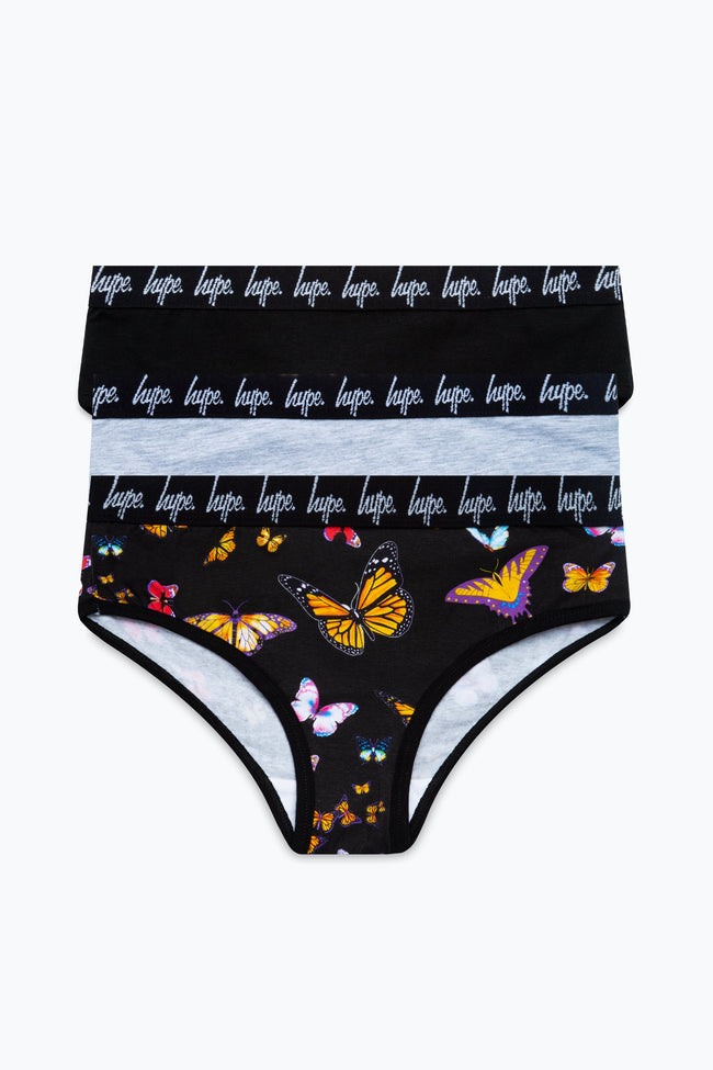 HYPE GIRLS BLACK GREY BUTTERFLY 3 PACK BRIEFS