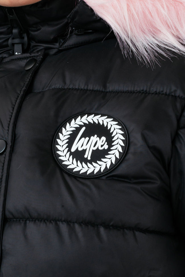 HYPE BLACK PINK HOOD GIRLS CROP PUFFER JACKET