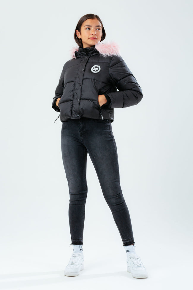 HYPE BLACK PINK HOOD GIRLS CROP PUFFER JACKET