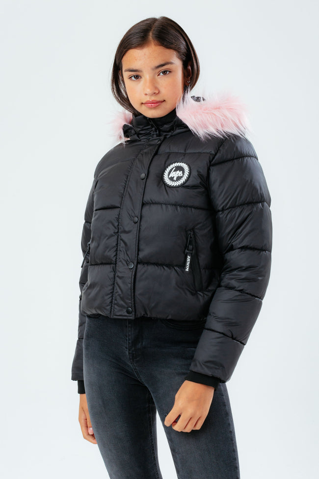 HYPE BLACK PINK HOOD GIRLS CROP PUFFER JACKET