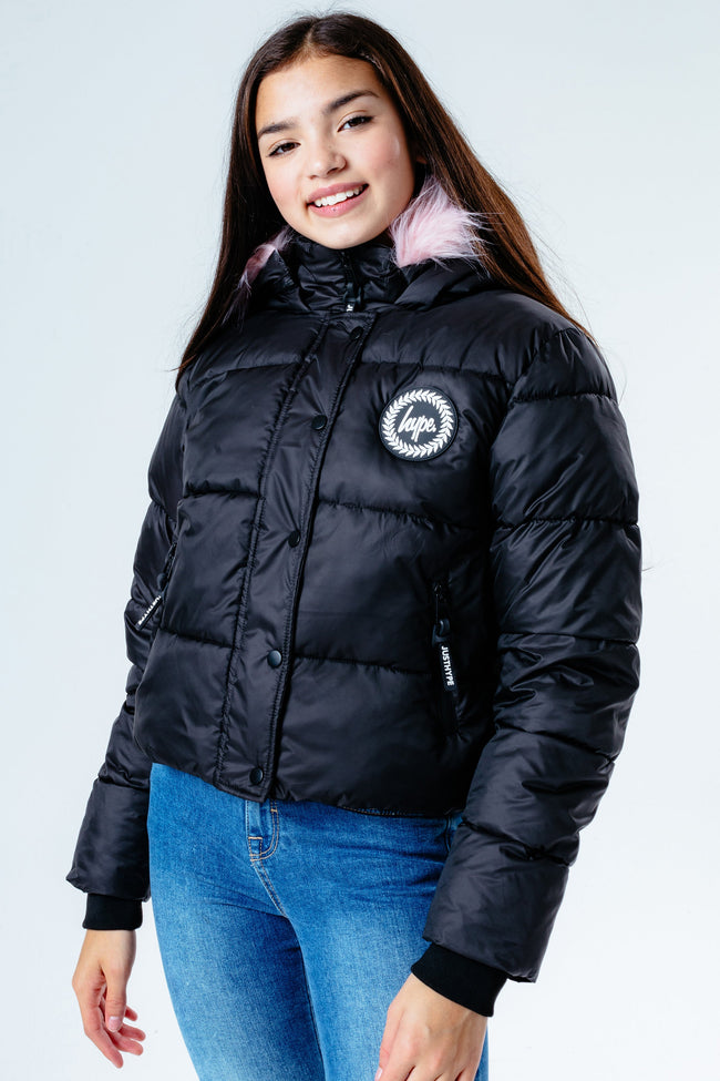 HYPE BLACK PINK HOOD GIRLS CROP PUFFER JACKET