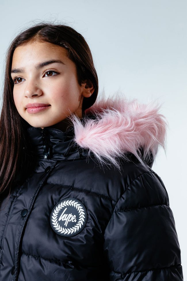 Hype Black Pink Hood Kids Crop Puffer Jacket