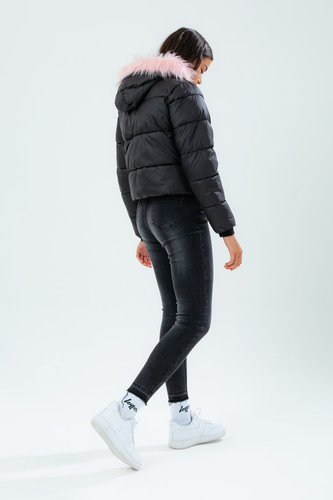 HYPE BLACK PINK HOOD GIRLS CROP PUFFER JACKET