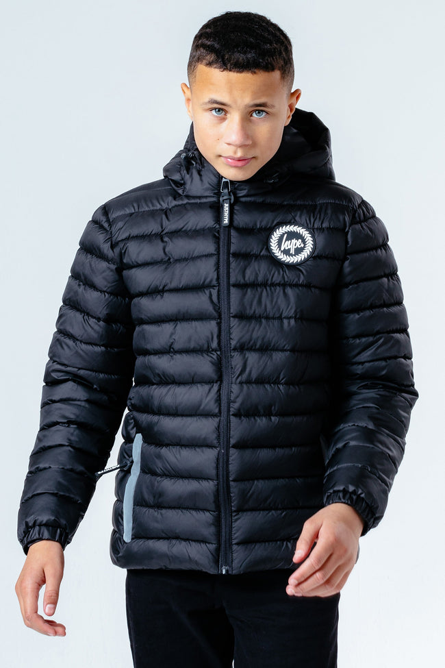 HYPE BLACK BRANDED ZIP KIDS PUFFER JACKET