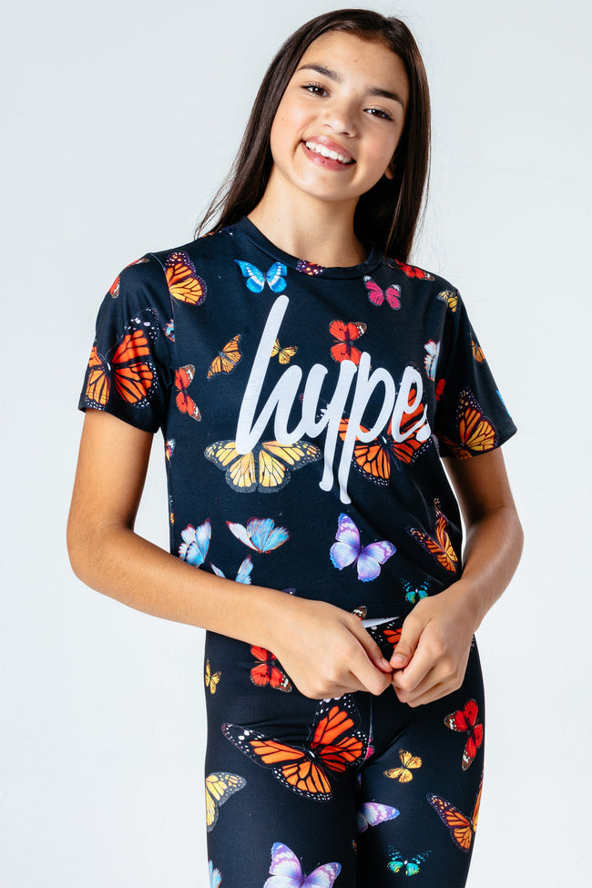 HYPE BLACK BUTTERFLY KIDS CROP T-SHIRT