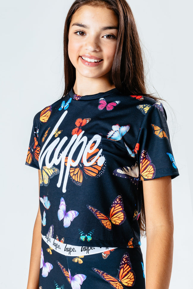 HYPE BLACK BUTTERFLY KIDS CROP T-SHIRT