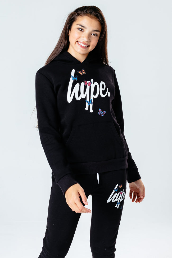 HYPE BLACK BUTTERFLY SCRIPT GIRLS PULLOVER HOODIE