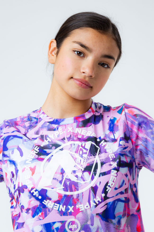 HYPE X NERF PURPLE GRAFFITI GIRLS CROP T-SHIRT