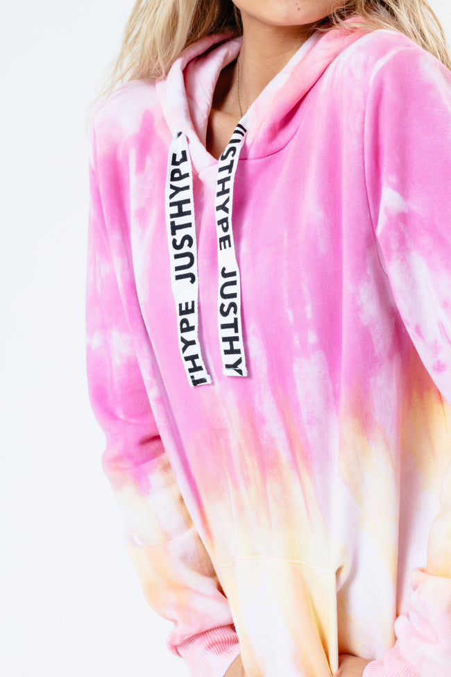 HYPE PINK TIE DYE DRAWCORD WOMEN'S PULLOVER HOODIE