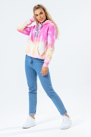 HYPE PINK TIE DYE DRAWCORD WOMEN'S PULLOVER HOODIE