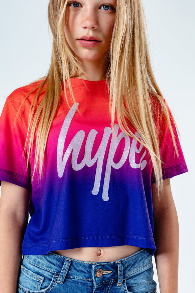 Hype Peach Fade Glitter Kids Crop T-Shirt