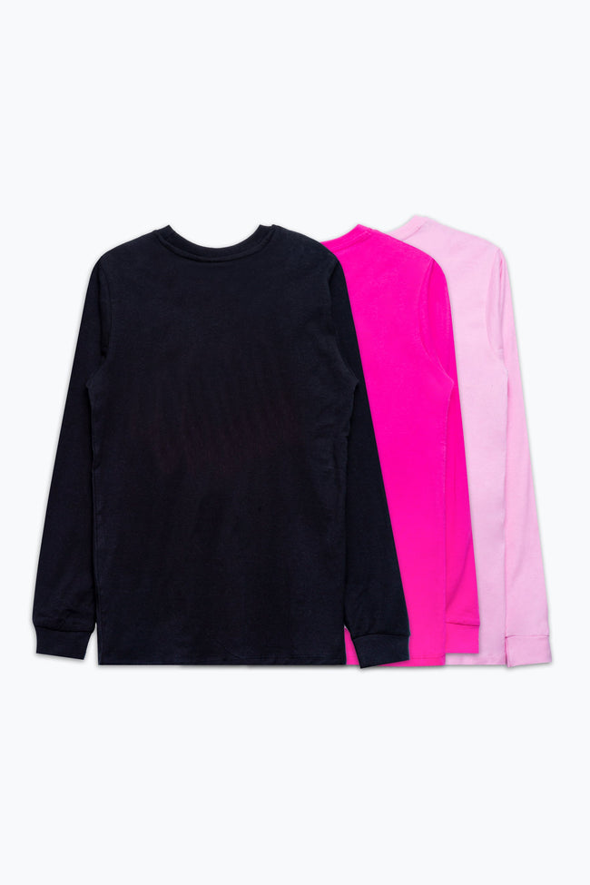 HYPE 3 PACK LONG SLEEVE PINK & BLACK GIRLS T-SHIRT SET