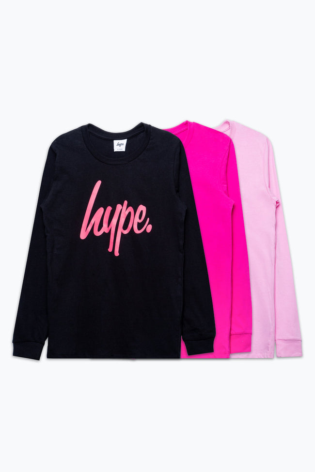 HYPE 3 PACK LONG SLEEVE PINK & BLACK GIRLS T-SHIRT SET