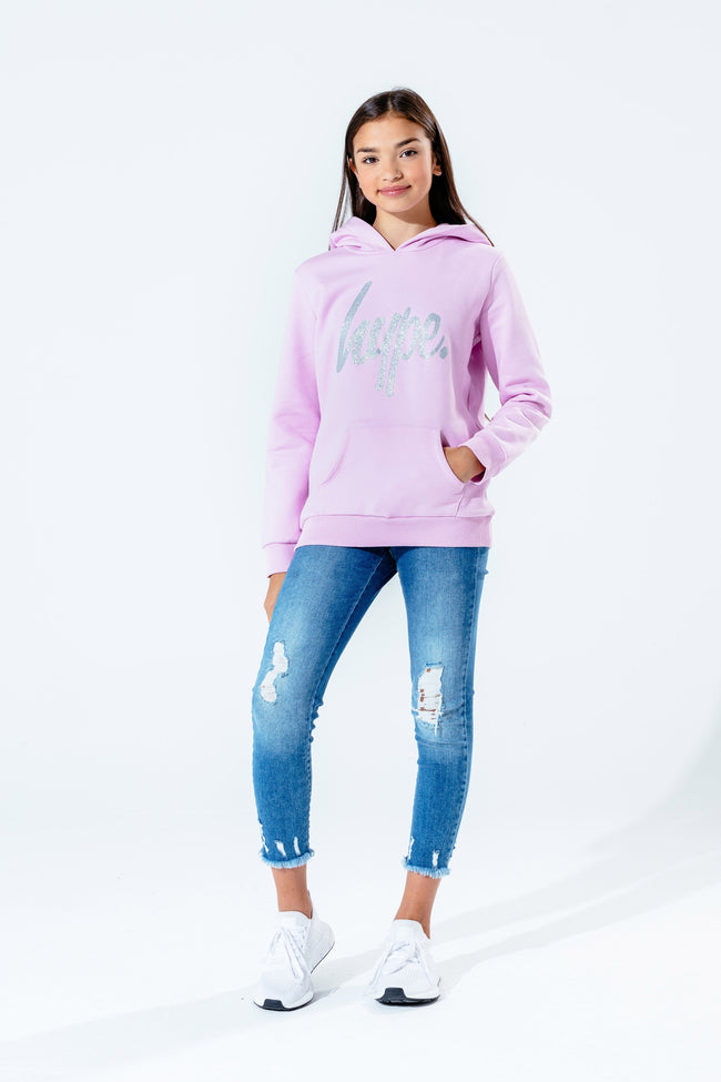 HYPE LILAC GLITTER SCRIPT GIRLS PULLOVER HOODIE