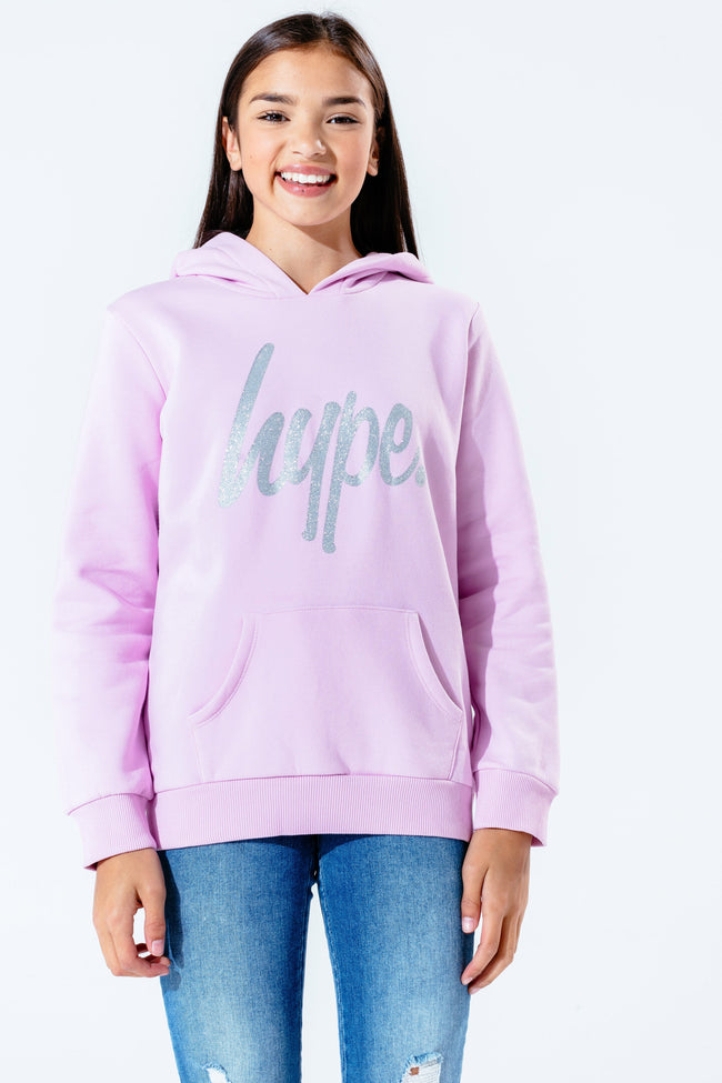 HYPE LILAC GLITTER SCRIPT GIRLS PULLOVER HOODIE