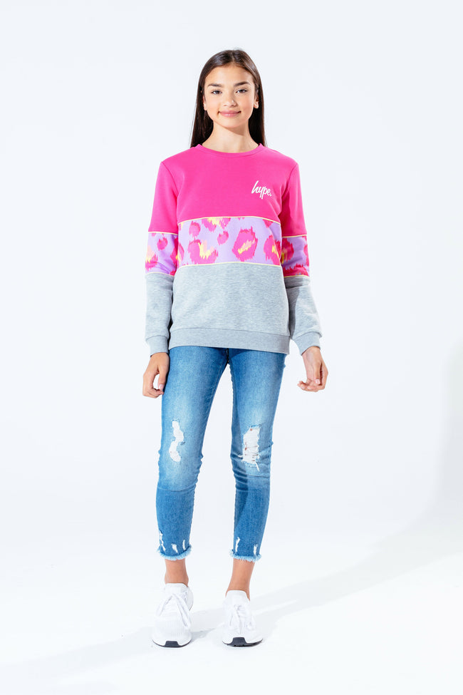 HYPE PINK LEOPARD PANEL KIDS CREWNECK