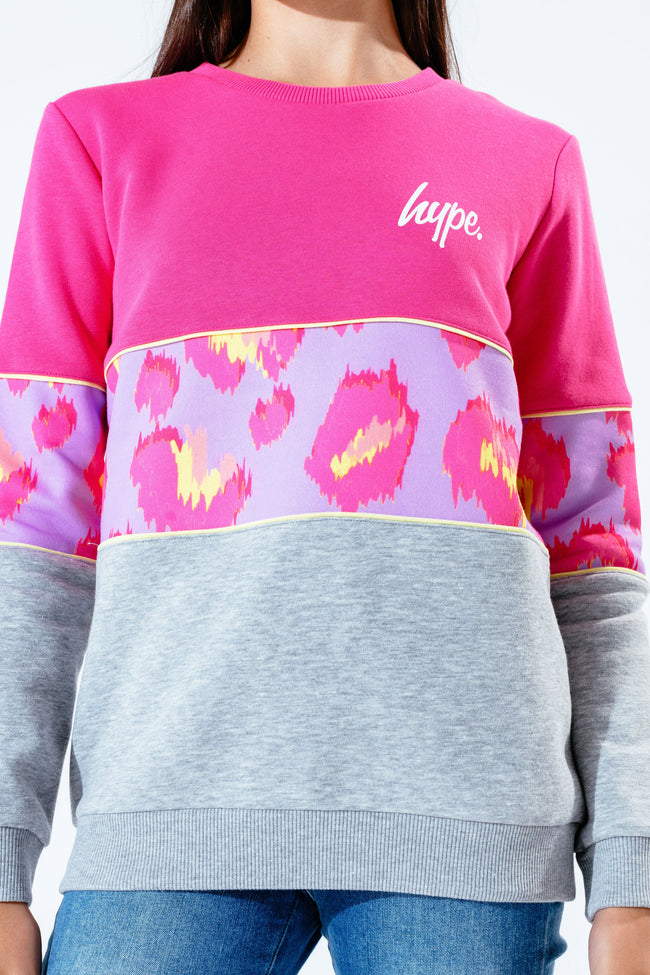 HYPE PINK LEOPARD PANEL KIDS CREWNECK