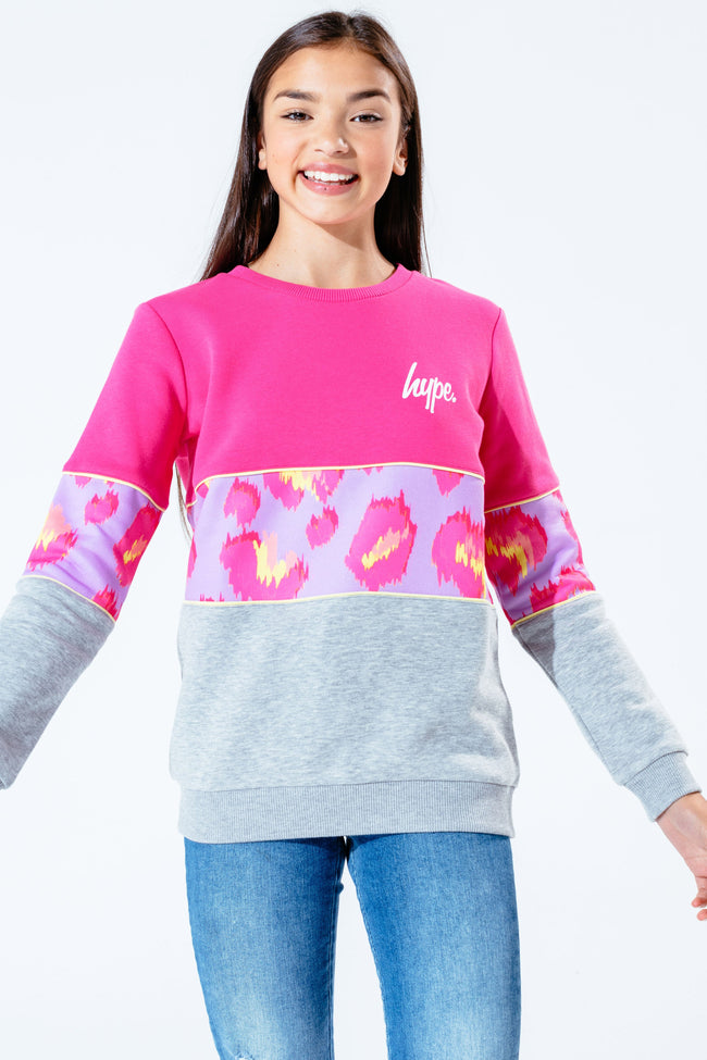 HYPE PINK LEOPARD PANEL KIDS CREWNECK