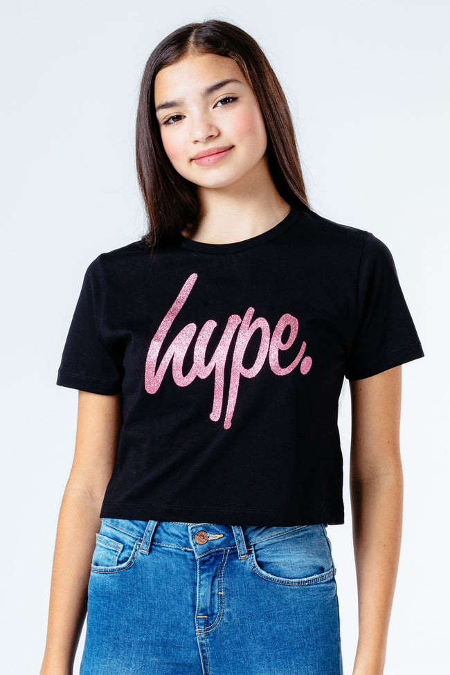 HYPE PINK GLITTER SCRIPT KIDS CROP T-SHIRT