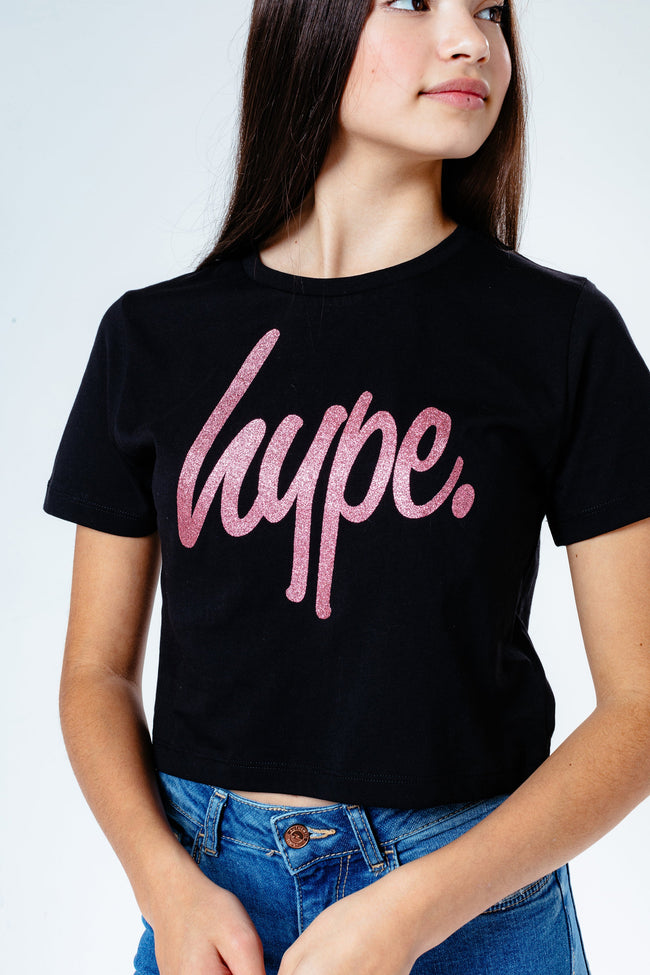 Hype Pink Glitter Script Kids Crop T-Shirt