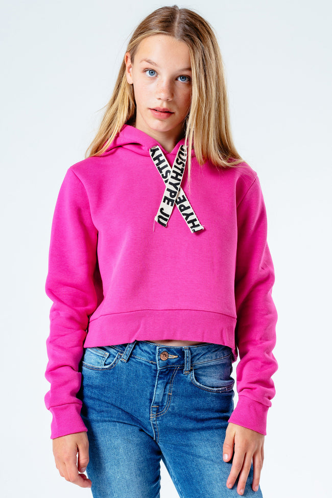 HYPE PINK DRAWSTRING KIDS CROP PULLOVER HOODIE