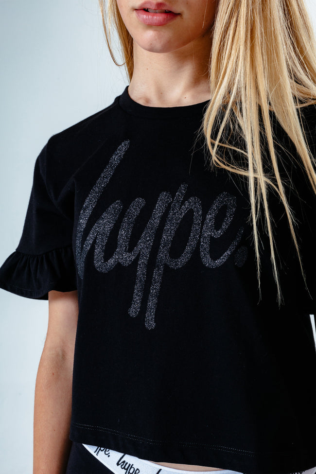 Hype Black Glitter Script Frill Kids T-Shirt