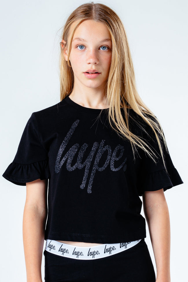 HYPE BLACK GLITTER SCRIPT FRILL GIRLS T-SHIRT