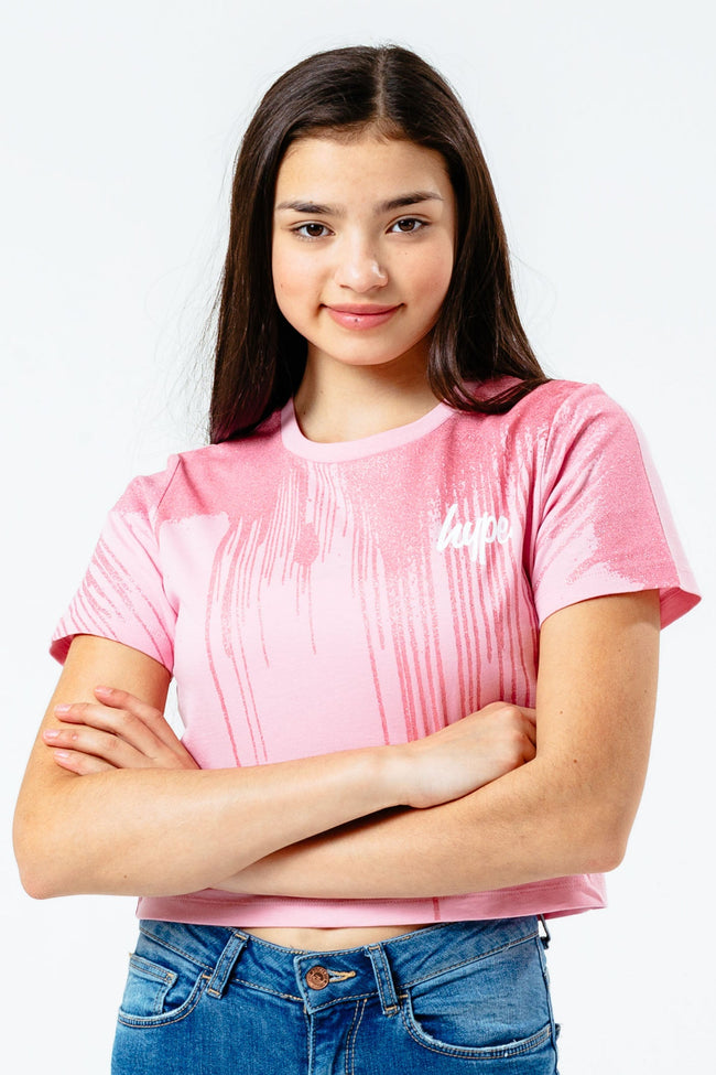 Hype Pink Glitter Kids Crop T-Shirt