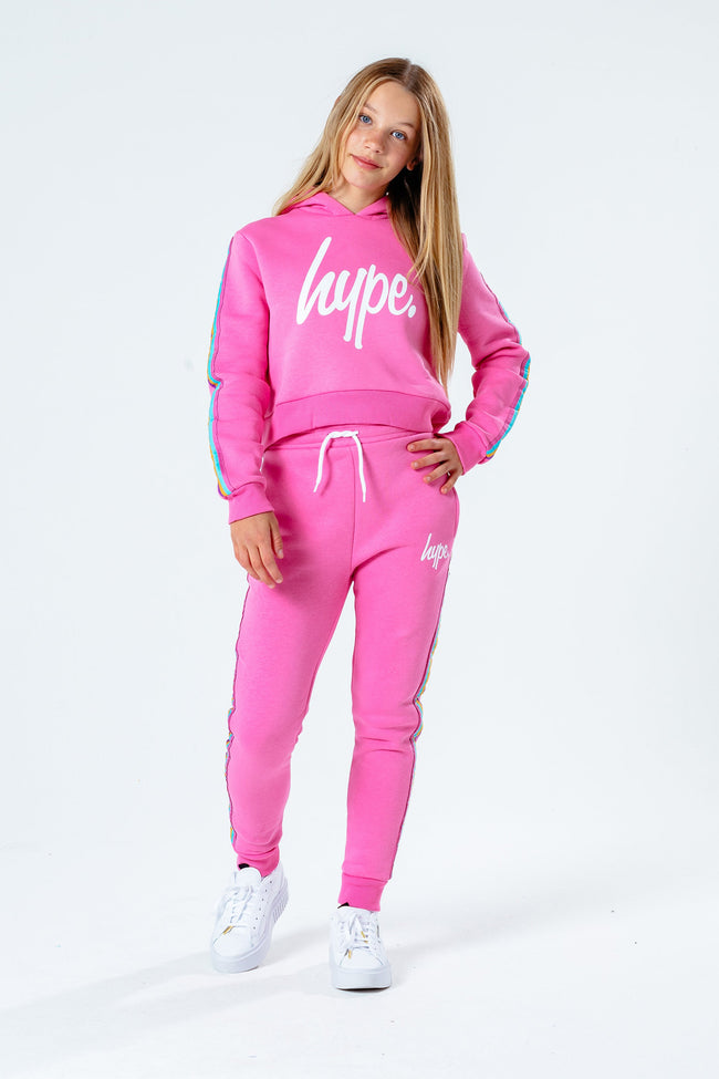 HYPE PINK RAINBOW TAPED GIRLS CROP PULLOVER HOODIE