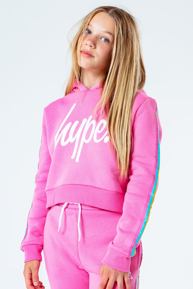 HYPE PINK RAINBOW TAPED GIRLS CROP PULLOVER HOODIE