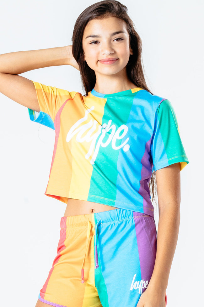 HYPE RAINBOW STRIPE GIRLS CROP T-SHIRT