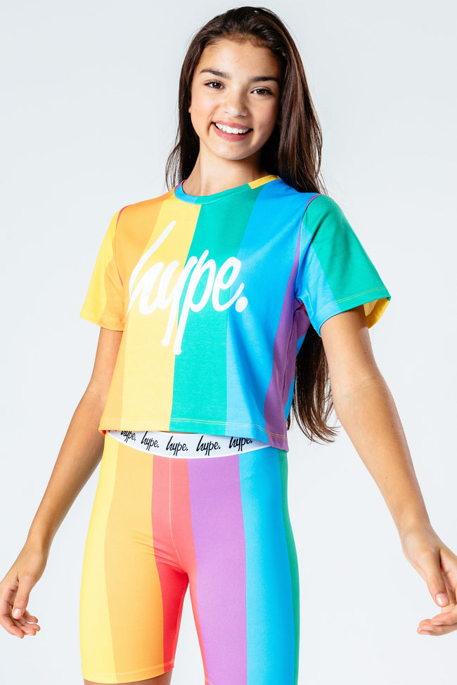 HYPE RAINBOW STRIPE GIRLS CROP T-SHIRT