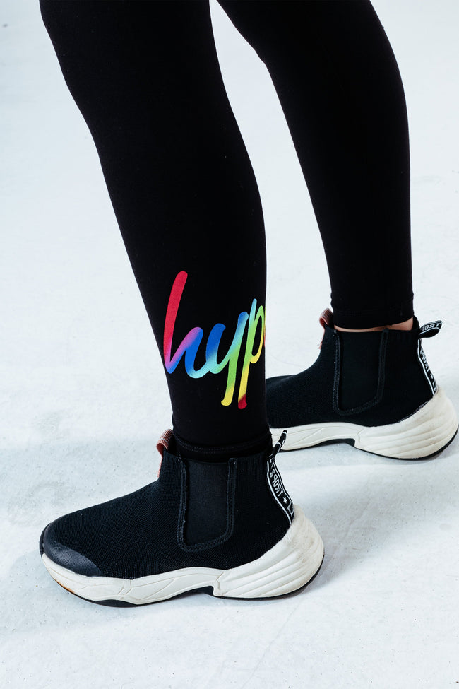 HYPE BLACK RAINBOW HOLO SCRIPT KIDS LEGGINGS