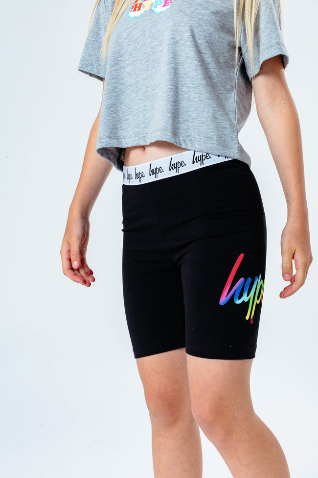 HYPE BLACK RAINBOW HOLO SCRIPT GIRLS CYCLING SHORTS