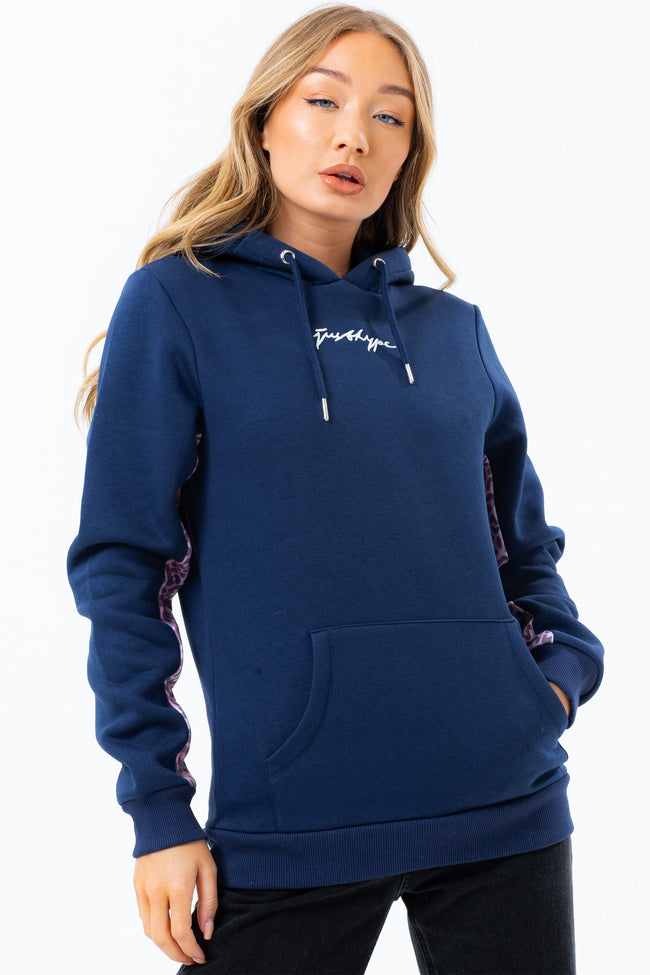 HYPE NAVY LEOPARD PANEL WOMEN'S PULLOVER HOODIE