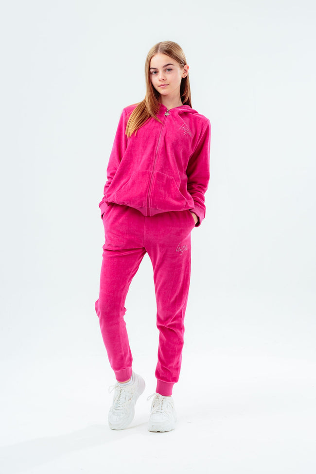 HYPE FUCHSIA VELOUR DIAMANTE LOGO GIRLS TRACKSUIT