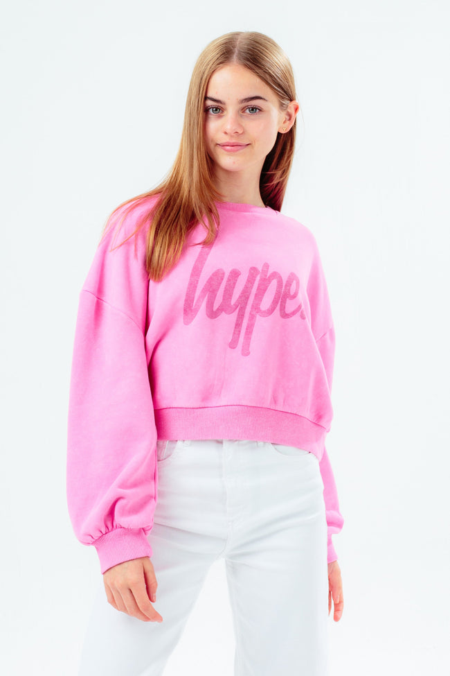 HYPE GIRLS PINK TIE DYE SCRIPT OVERSIZED CREW NECK