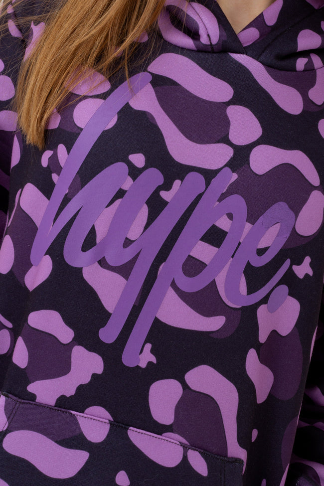 HYPE GIRLS PURPLE LEOPARD SCRIPT LONGLINE HOODIE