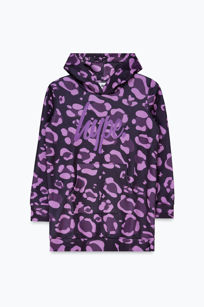 HYPE GIRLS PURPLE LEOPARD SCRIPT LONGLINE HOODIE