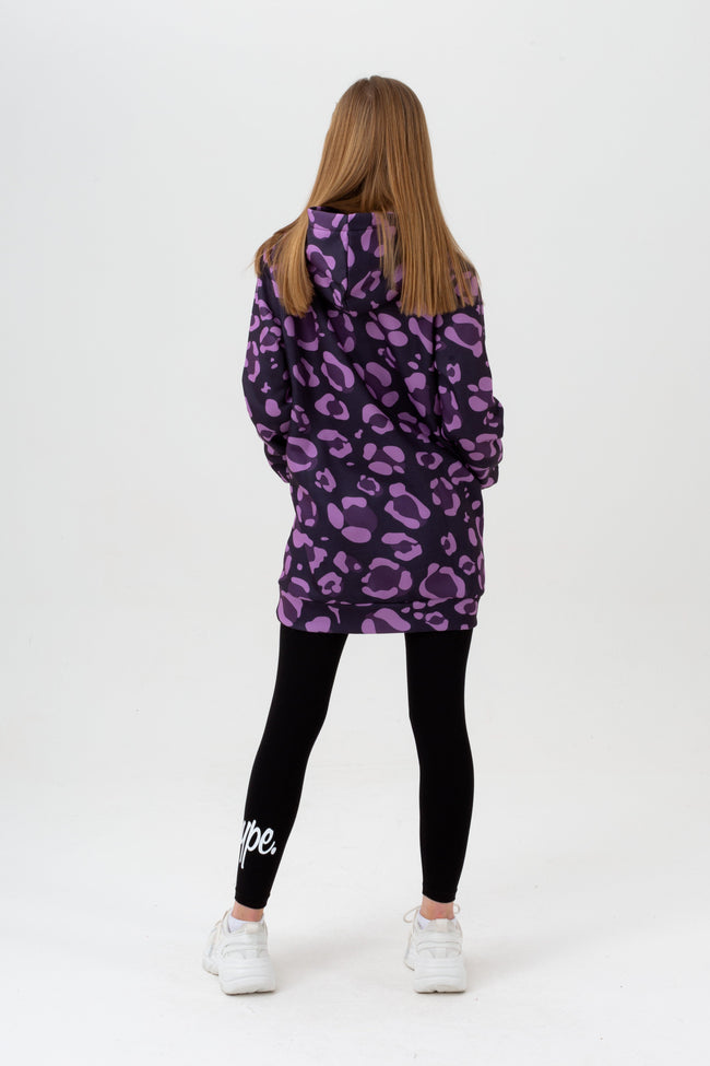 HYPE GIRLS PURPLE LEOPARD SCRIPT LONGLINE HOODIE