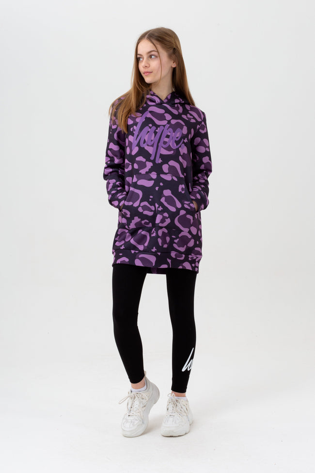 HYPE GIRLS PURPLE LEOPARD SCRIPT LONGLINE HOODIE