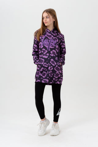 HYPE GIRLS PURPLE LEOPARD SCRIPT LONGLINE HOODIE